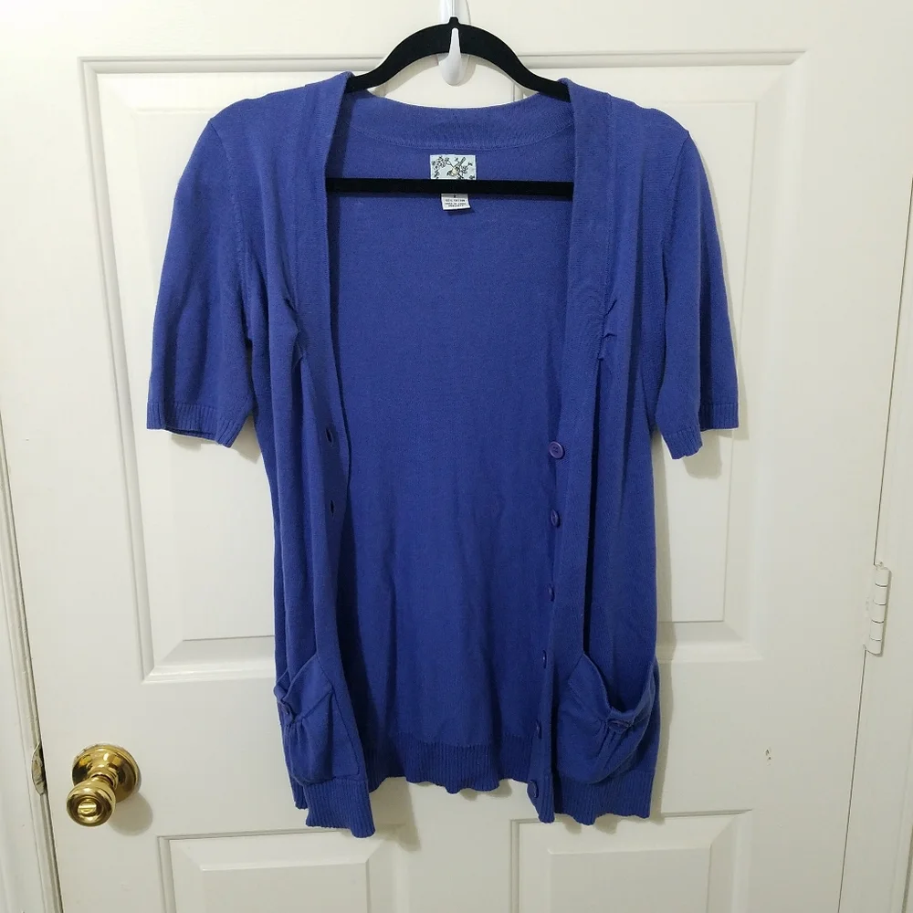 TABITHA Blue Button Fitted Short Sleeved Cardigan - Picture 4 of 12
